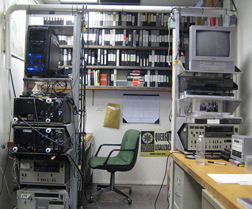 Labor Beat's editing station and some of the shelves of archived labor history footage going back to the 80s. Photo: Labor Beat
<br />