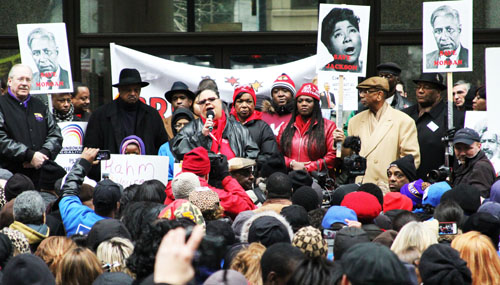 Chicago Teachers Union President Karen Lewis, surrounded by community leaders including Operation PUSH leader Jesse Jackson, SEIu leader Tom Balanoff, Alderman Ricardo Munoz, and Congressman Bobby Rush addressed the rally on March 27, 2013 against the school closings being pushed by Mayor Rahm Emanuel. Substance photo by David Vance.