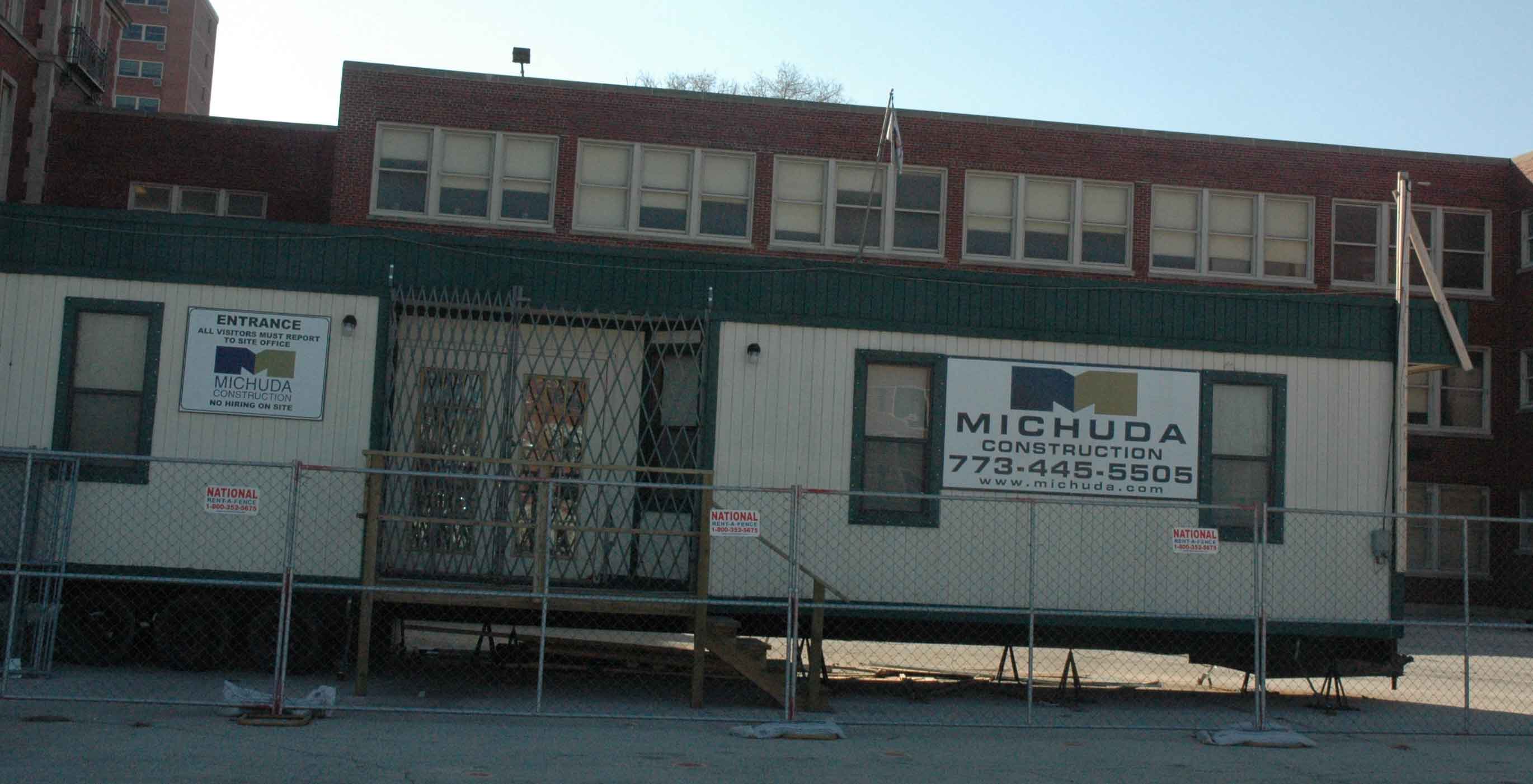 Although many communities have been promised repairs and improvements for years, Mayor Daley has the power to drive major improvements quickly. Much of the money Chicago schools are using for capital projects are going for charter schools and the expanding military academies the mayor promotes. Above, for example, the former Grant Elementary School, which was in need of repairs for more than a decade, is now being renovated at a cost in excess of $10 million. But it is now longer Grant Elementary. The building now houses two “military high schools”. Substance photo by George N. Schmidt