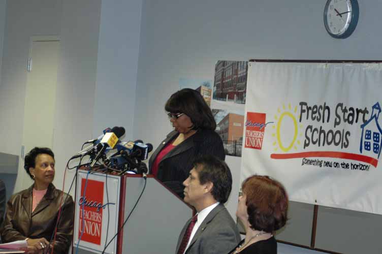 February 25, 2008. By the time Marilyn Stewart (above, at microphone) convened her media event at the CTU offices two days before the February Board of Education meeting, she had ordered the union’s Vice President (Ted Dallas) and Treasurer (Linda Porter) to remain away from the TV cameras. The only officers who have appeared with Marilyn Stewart since February 2008 have been Financial Secretary Mark Ochoa (center above) and Recording Secretary Mary McGuire (right, above). At the February 25 event, Stewart tried to claim that “Fresh Start” would do the same job the Board was about to do with reconstitution. Two days later, the Board ignored her and voted to reconstitute the largest number of schools in the history of Chicago. Substance photo by George N. Schmidt. 
