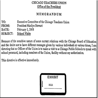 “Exhibit AAA” in the Koffman - Walsh Complaint (above) is Marilyn Stewart’s February 1, 2008, memo ordering the officers not to visit schools without her permission. Stewart then proceeded to avoid both the hearings on the school closings and most of the schools themselves. Although thousands of teachers, parents, students, and community leaders (including aldermen) turned out during the first three weeks of February 2008 in protest against the 19 proposed closings and reorganizations, the two largest unions representing those who would suffer the worst under the plans (the Chicago Teachers Union (CTU) — which represents the teachers and most PSRPs — and the Service Employees International Union (SEIU), Local 73 — which represents custodial workers and some categories of school aides) were conspicuous by their absence. This led most informed observers to conclude that the leaders of the CTU and SEIU had cut a deal with lawyers for Mayor Richard Daley to give Daley a green light to close and reorganize schools at will during the July and August 2007 negotiations.
<br />Ultimately, Marilyn Stewart (and her counterpart from SEIU) did not even attend the February 27, 2008, school board meeting when the Board voted unanimously and without debate to reconstitute six schools and fire all of the union members in those schools and to radically reorganize 12 other schools. Substance graphic from the CTU charges against Ted Dallas. 
