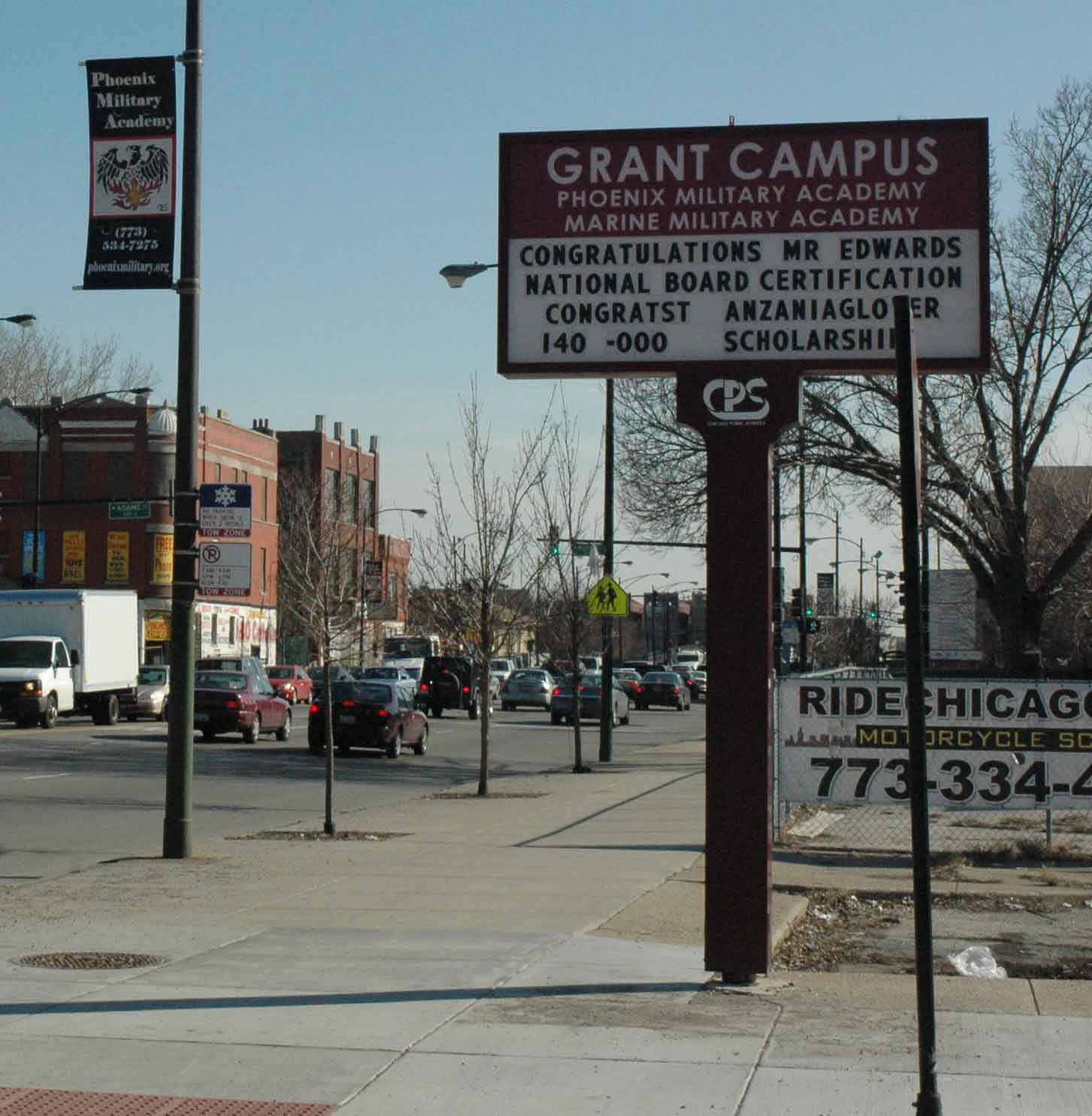 One group of teachers from the “small schools” at Orr will not be fired this month. At the end of the 2006-2007 school year, Arne Duncan moved the “Phoenix Military Academy” from Orr to the Grant School “campus” near Adams and Western Ave. (above). Mayor Daley protected his military program from the pogram he was preparing for the rest of Orr. Substance photo by George N. Schmidt.