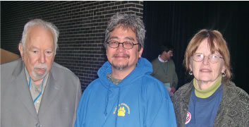 Speakers at the March 17 Educator Roundtable conference in Atlanta  included  reading expert Ken Goodman (left) and Substance national resistance editor Susan Ohanian. Florida teacher Barry Toya (center) attended the conference with  his wife Carmen Melendez, also a teacher, and their teenage son. Substance  photo by Sharon Schmidt.