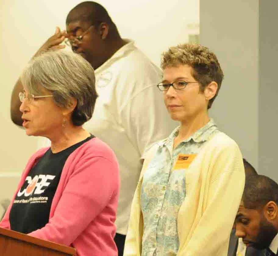Carol Caref (above left) and Norine Gutekanst (above right) will be working during the summer for the Chicago Teachers Union as part of the CORE leadership transition team. Above, Caref was speaking to the June 23, 2010 Chicago Board of Education meeting while Gutekanst looked on. Substance photo by George N. Schmidt.