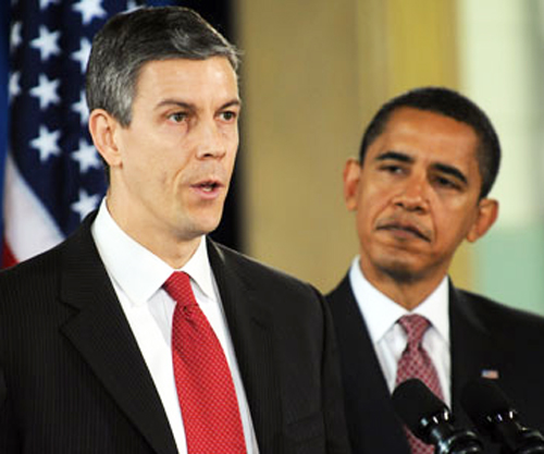 Chicagoans Arne Duncan (above left) has now become the longest serving U.S. Secretary of Education in history, having begun his term in January 2009 at the time his former Chicago neighbor, Barack Obeama, was sworn in as President of the United States. Duncan and Obama are both 