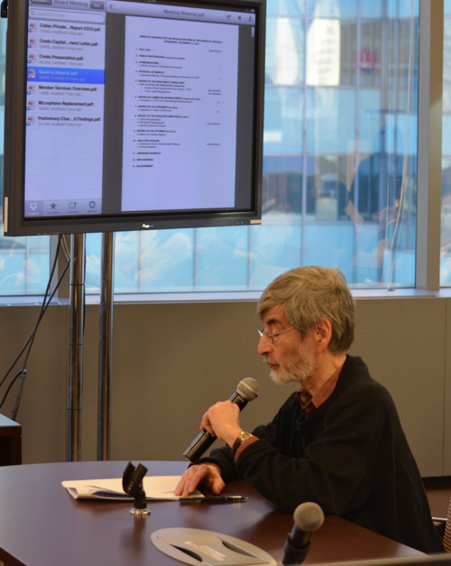 Retired teacher Lou Pyster was the lone public participation witness at the December 12, 2012 meeting of the trustees of the Chicago Teachers Pension Fund (CTPF). Substance photo by George N Schmidt.