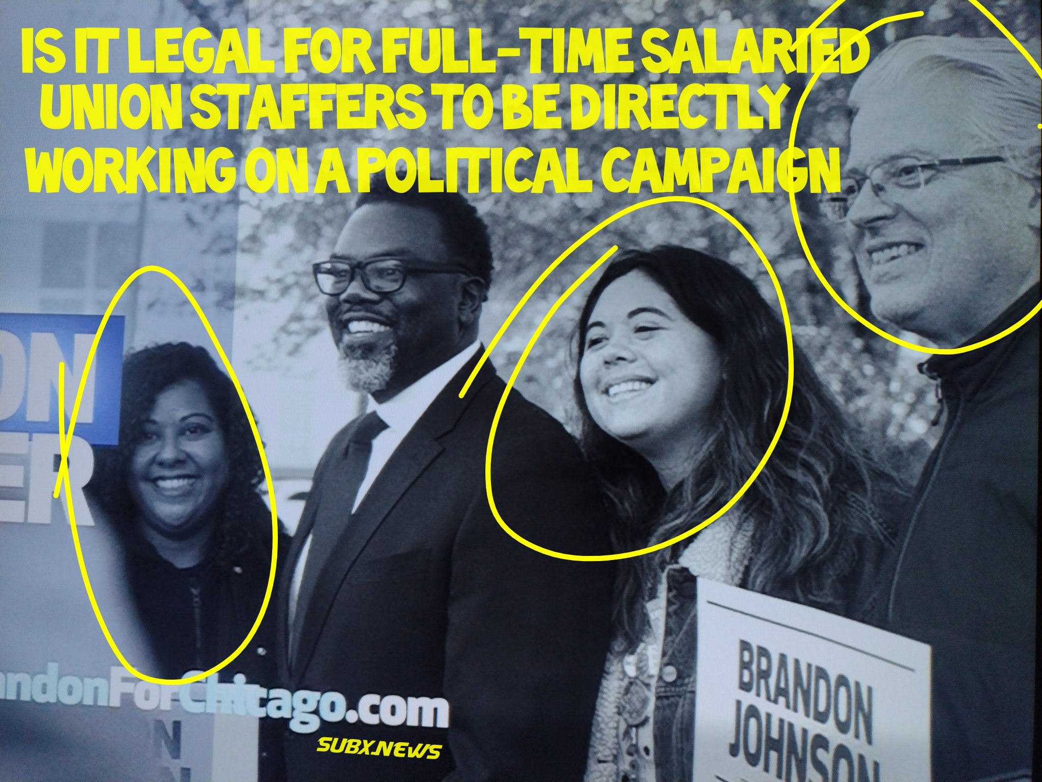 (left to right) Jhoanna Maldonado, Candidate for Mayor Brandon Johnson, Casey Sweeney, Jim Cavallero <br /><br />All are paid ctu orgnizers last we checked but the CTU has stopped publishing a directory of employees for a fews years now, so we can not really track who is working at the Union anymore.
