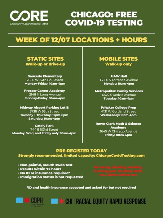 Free COVID-19 testing in or near the 2nd District this week. In addition to sites listed on the flyer below, there is always free testing nearby at:
<br />~ Alivio Medical Center, 966 W 21st St., Mon-Sat 8:30am-12:30pm
<br />~ Esperanza Health Centers, 4700 S. California 
<br />~ Access Ashland Family Health Center 5147 S. Ashland