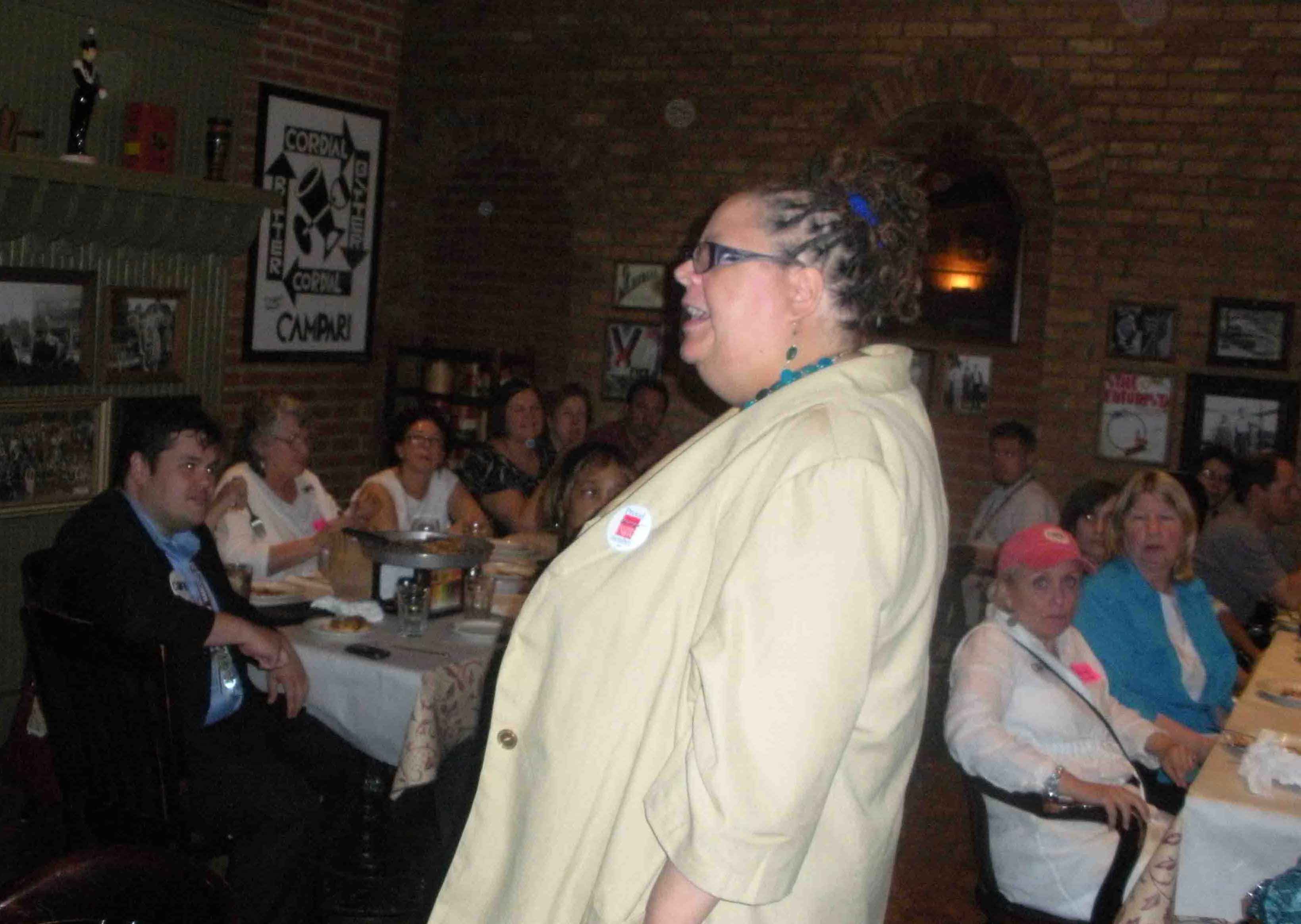 After campaigning on promises of a new era of transparency and accountability in union affairs, incoming Chicago Teachers Union President Karen Lewis (above, speaking to supporters at Connie's Pizza following the June CTU House of Delegates meeting and prior to the June 11 runoff election) surprised most of her supporters with the announcement of her transition team at the June 28 CORE meeting. Substance photo by John Kugler.