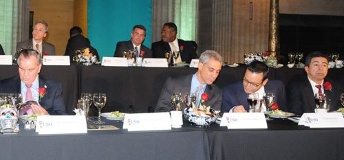 (Then) Chicago Mayor Richard M. Daley (left), candidate Rahm Emanuel (center) and Alderman Danny Solis (right) during the UNO 25th Anniversary event at Chicago's Union Station on November 16, 2010. Daley and Emanuel talked about their support for charter schools and UNO. Substance photo by George N. Schmidt.