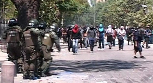 Chilean police used riot control tactics including water cannons after massive protests over the cost of education resumed in October 2011, following earlier protests in August 2011.