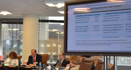 Since their election to the Chicago Teachers Pension Fund (CTPF) trustees in October 2009, Lois Ashford (above left) and Jay Rehak (above second from left) have represented active duty teachers in the complex work of overseeing the fund. Above, at the October 2012 meeting of the trustees, Ashford and Rehak listen to a presentation on the implications of changes in Moody's ratings for the fund. Rehak is currently President of the trustees; Ashford is Vicre President. Substance photo by George N. Schmidt.