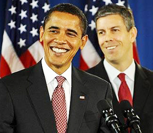President Barack Obama and his pick for U.S. Secretary of Education Arne Duncan in their younger days. By the time the NEA voted its 