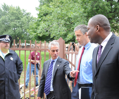 Chicago Mayor Rahm Emanuel, U.S. Secretary of Education Arne Duncan, and Chicago schools Chief Executive Officer Jean-Claude Brizard at Chicago's Schurz High School on September 9, 2011, during Duncan's bus tour of schools during the opening of the 2011 - 2012 school year. Substance photo by George N. Schmidt.