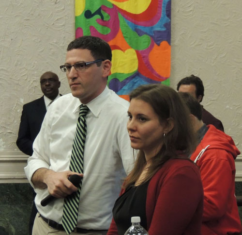 Chicago Teachers Union Vice President Jesse Sharkey (left) and Financial Secretary Kristine Mayle (right) listen to a question from a union member during the discussion of the proposed contract at Kelly High School on September 26, 2012. The contract will be voted on by the union's 26,000 active duty members in a citywide referendum in all the schools on October 2, 2012. Substance photo by George N. Schmidt.