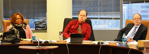 Above, CTPF Vice President Lois Ashford (left) chairs the committee meeting that discussed the pension fund's divesture of investments in companies that produce assault weapons and high capacity bullet magazine. Left to right: Lois Ashford, Jay Rehak, and Joe Burns. Substance photo by George N. Schmidt.