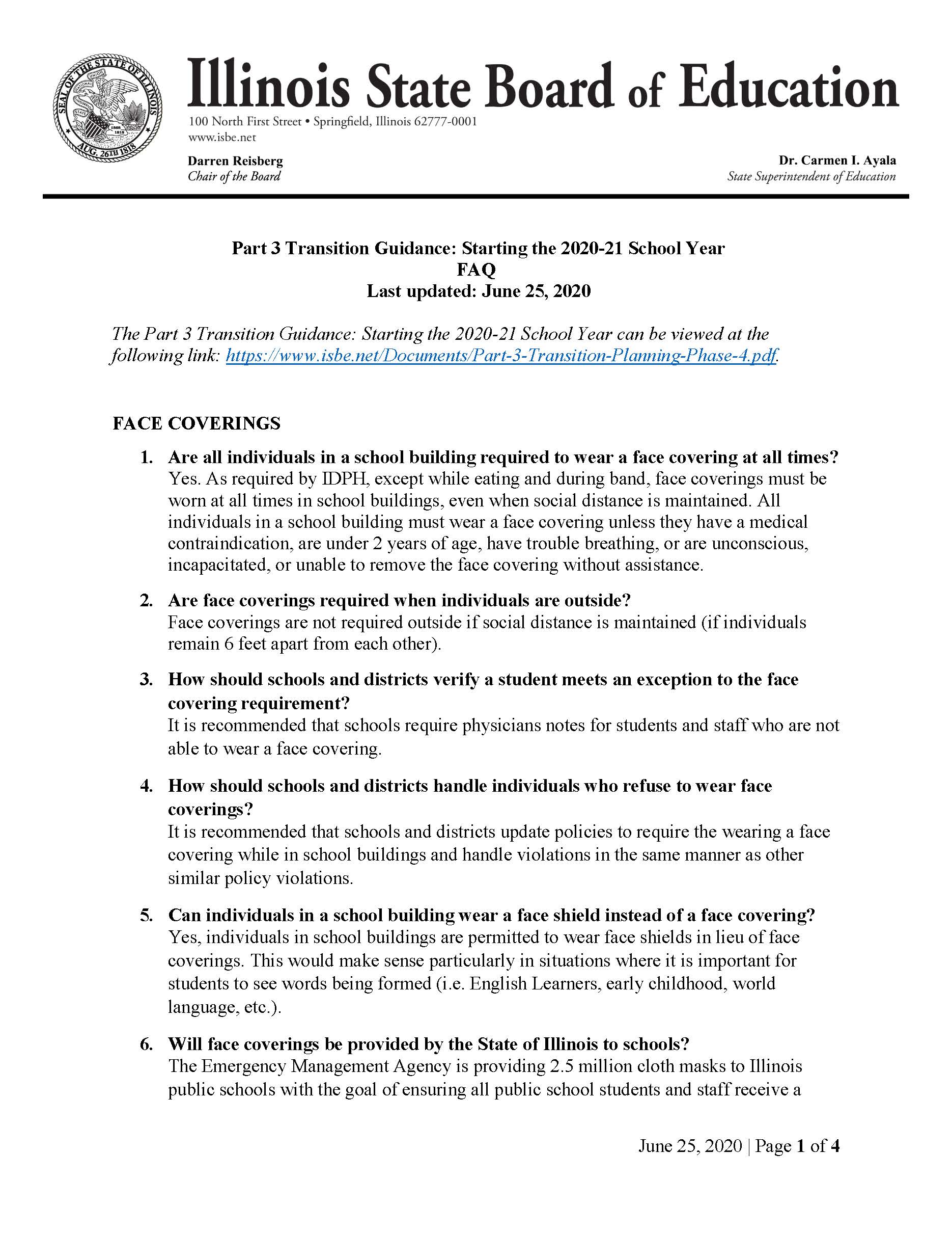 ISBE is working in partnership with the Illinois Department of Public Health (IDPH) to ensure we are providing the most current resources and guidance to support Illinois education communities regarding the coronavirus disease 2019 (COVID-19) outbreak. Please know that this is a rapidly evolving situation and we will continue to share up-to-date information as it becomes available.​​​
<br />
<br />https://www.isbe.net/coronavirus