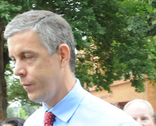 Arne Duncan arriving at Chicago's Carl Schurz High School on September 9, 2011. Substance photo by George N. Schmidt.