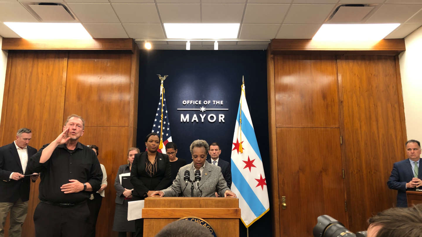 Chicago officials convened groups to revisit two controversial issues in education, school budgeting and school ratings, before coronavirus disrupted plans. Here Mayor Lori Lightfoot speaks to reporters in March about the abrupt decision to close schools in response to the pandemic.
<br />CASSIE WALKER BURKE/CHALKBEAT CHICAGO