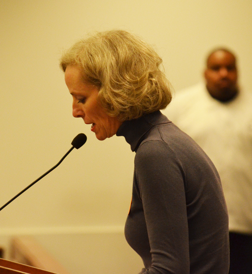 Michelle Villegas reading her statement to the Chicago Board of Education on November 20, 2013. Substance photo by George N. Schmidt.