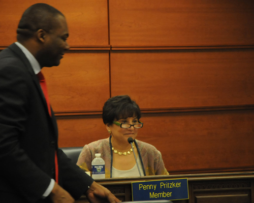 Chicago Board of Education member Penny Pritzker (above, at the Board's June 15, 2011 meeting) has been a vicious supporter of the privitization of public schools through charter schools for nearly a decade. Although the Pritzker family once provided support to real public schools (the Pritzker Elementary School in Wicker Park predates the current generation, which more closely follows the pseudo-philosophy of Ayn Rand than the New Deal versions of economic and political reality that helped create the family's fortunes more than 70 years ago), Pritzker activities lately have been to provide vast amounts of money to privatization, such as the Noble Network of Charter Schools. After Rahm Emanuel appointed billionaire Penny Pritzker to the seven-member Chicago Board of Education in May 2011, her first vote was to affirm the fraudulent claims made by incoming Chief Executive Officer Jean-Claude Brizard that the Board was facing an 