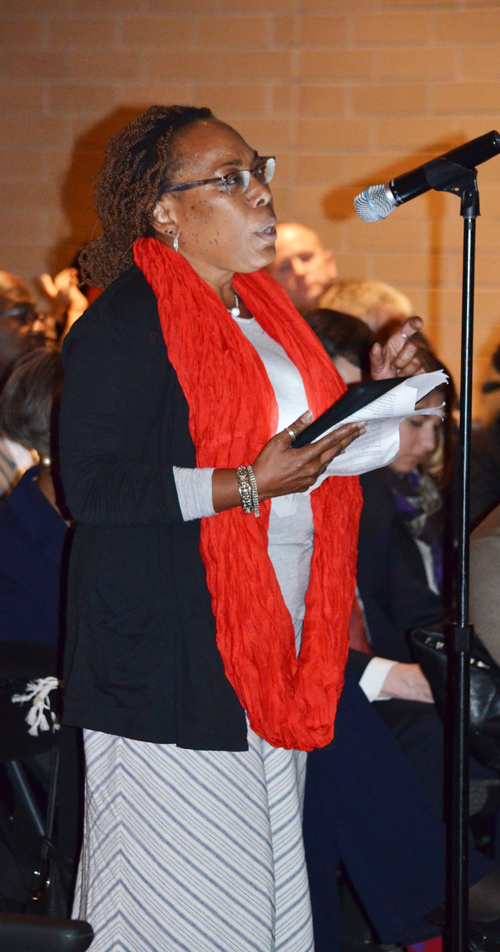 DePriest Special Education teacher Tammie Vinson told the Board about the problems faced by West Side schools due to closings and turnarounds, then outlined the needs of her severely handicapped students. Few of the Board members were paying attention (see the next photo), and none asked any questions. Substance photo by Nate Goldbaum.