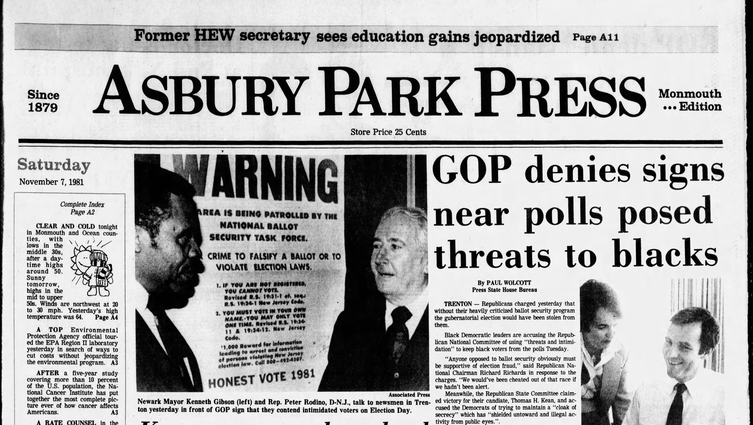the front page of the Asbury Park Press on Nov. 7, 1981 for5e days after New Jersey's gubernatorial election, reporting on the controversy over the 
