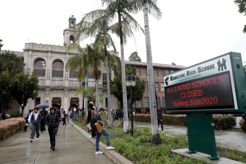 Hamilton High on the Westside is among the Los Angeles Unified School District schools whose campuses will not open Aug. 18.(Gary Coronado/Los Angeles Times)