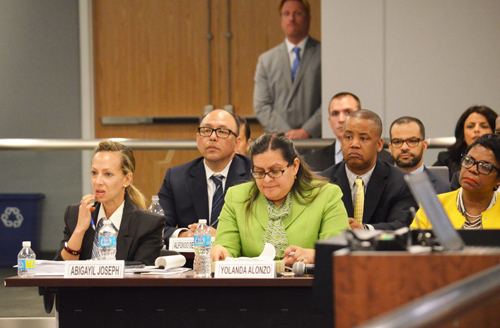 Bureaucrats during the May 2016 meeting of the Chicago Board of Education. Substance photo by George N. Schmidt.