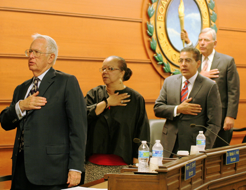 Six of the seven members of the Board of Education were present for the July 23, 2014 Board meeting. Above, left to right, Henry Biened, Mahalia Hines, Jesse Ruiz, and David Vitale. Substance photo by David Vance.