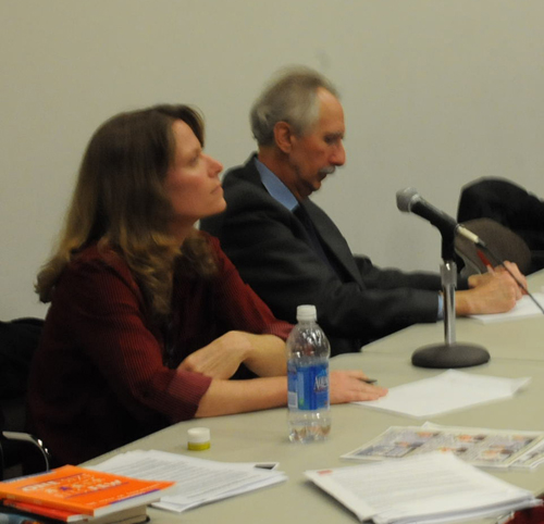 Above, Chicago Teachers Union Testing Committee chair Sharon Schmidt (a Steinmetz High School teacher who also serves as editor of Substance) and Monty Neill of Fair Test appeared at a forum at the University of Illinois at Chicago (UIC) on February 15, 2012. Substance photo by George N. Schmidt.