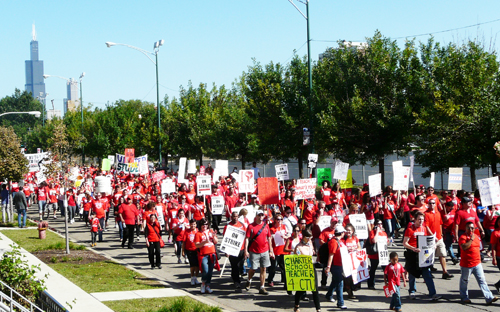 Beginning at ten a.m. on the first day of the Chicago Teachers Strike of 2012, mass marches either went through Chicago's downtown (the 