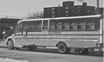 February 16, 2007, Alltown Bus Company, 63rd and Prairie in Chicago. Although officials from CPS had checked inside temperatures on the Alltown buses (finally) on February 15, buses like the one above were still leaving the lot at 6:00 a.m. with frost on inside of windows. (Substance photo by George N. Schmidt)