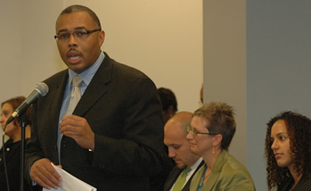 October 24, 2007. Alderman Howard Brookins Jr. (above) of the 21st Ward continued his attack on the city’s public schools by praising Chicago’s charter schools at the October Board of Education meeting. Brookins, who is seeking the Democratic Party nomination for State’s Attorney, joined the slander campaign against Calumet High School which resulted in the charterization of the school. Brookins told the Board that he is happy to have three charter schools in his ward and that he wants more. Substance Photo by George N. Schmidt.