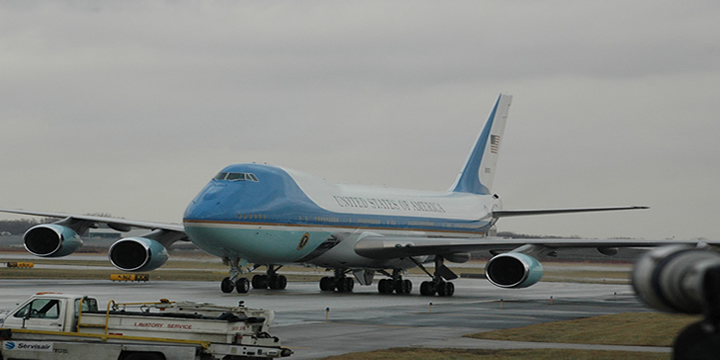 Air Force One lands at O'Hare in Chicago.
