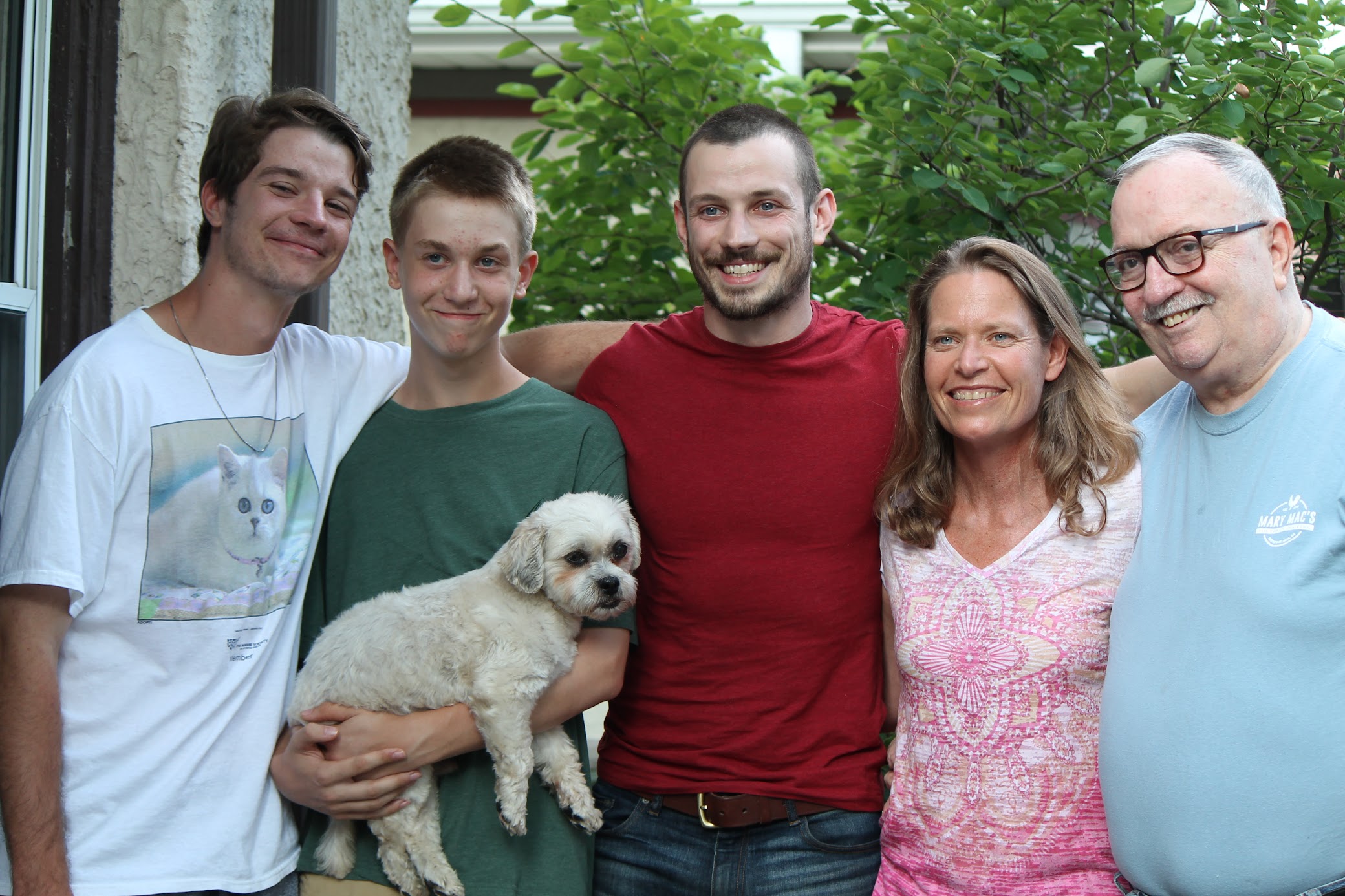 Sam, Josh, Dan, Sharon, and George Schmidt in 2018, two months prior to George's death. George founded Substance in 1975. Sharon is a teacher at Steinmetz High School, and Sam is a CPS social work intern.