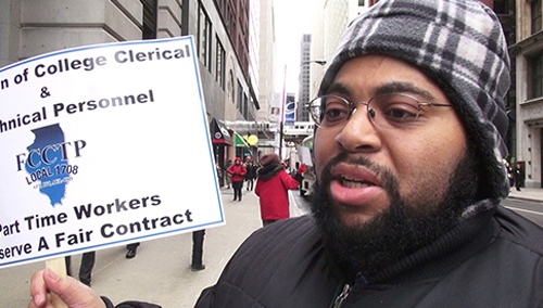 Jeremy Harrison picketing Chicago City Colleges headquarters on February 21, 2013. Photo by Labor Beat.
