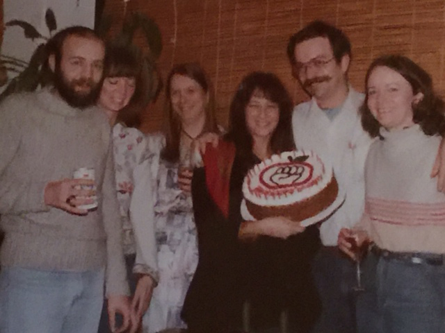 Reporter Miriam Socoloff on her 30th birthday with a Substance cake and Substance staff members in the late 1970s.