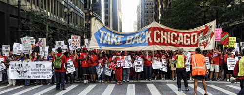 The front of the September 12, 2012 march of Chicago teachers and supporters during the Chicago Teachers Strike of 2012. Substance photo by Graham Hill.