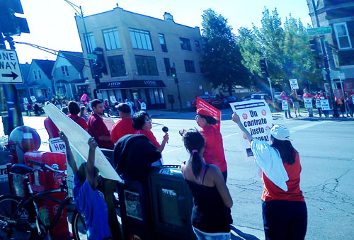 Chicago Teachers Union pickets at the corner of Keeler and Pulaski in Chicago on the morning of the second day of the Chicago Teachers Strike of 2012. Substance photo by David R. Stone.