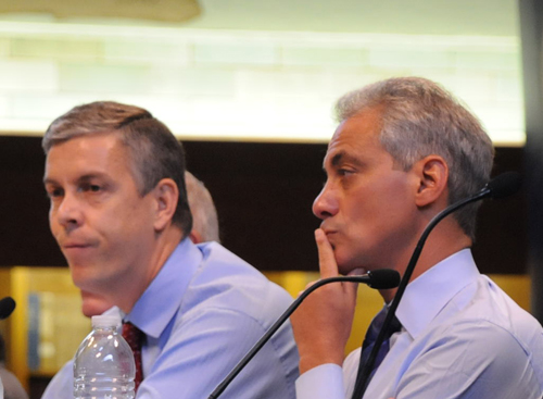 Two of the biggest scab herders in the USA in the 21st Century are U.S. Secretary of Education Arne Duncan (left) and Chicago Mayor Rahm Emanuel (right), seen above during a media event at Chicago's Schurz High School on September 9, 2011. Duncan was supposedly promoting public education under the slogan 