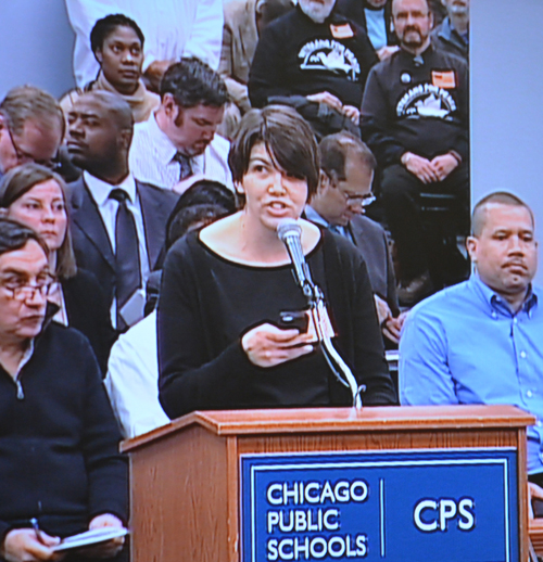Cassie Creswell of More than a Score presenting to the February 24, 2014 meeting of the Chicago Board of Education. Substance photo by George N. Schmidt.