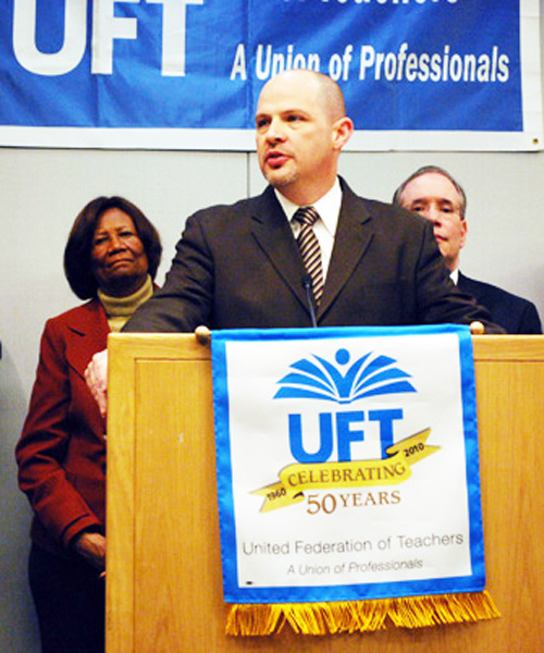 UFT President Michael Mulgrew was re-elected in the New York City union's general election in April 2013.