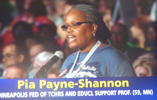 All of those who spoke against Common Core at the AFT convention were classroom teachers, like Pia Payne-Shannon from Minneapolis (above speaking during the debate). Most of those who spoke from the floor in support of the 