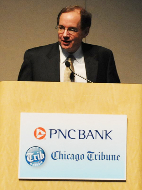 Chicago Tribune Editorial Board member Bruce Dold (above) introduced the discussion between CPS CEO Jean-Claude Brizard and CTU President Karen Lewis one year before the famous Chicago Teachers Strike of 2012. Substance photo by George N. Schmidt.