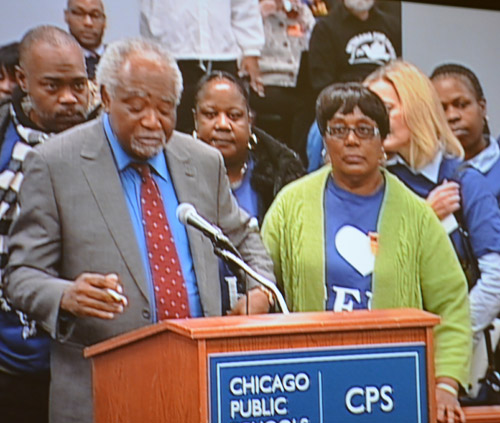 For thousands, the most shocking moment during the December 18, 2013 meeting of the Chicago Board of Education came when Congressman Danny Davis took the podium to betray decades of friendships and political allies by announcing that he was supporting the production of another union-busting charters school on Chicago's West Side. In a rambling five-minute orgation, Davis told the Board that he had always supported the public schools and that he loved the Chicago Teachers Union and that he had been a union member -- but instead of fixing the real public schools of the Aistin community he would prefer that a local community center be rewarded with a charter school charter and millions of dollars in public money for additional privatization. Before the meeting was over, many of Davis's former allies were branding him a traitor and preparing for the future. Substance photo by George N. Schmidt.
