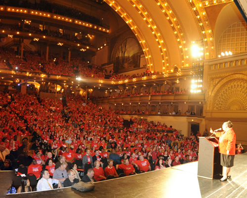 Chicago Teachers Union President Karen Lewis speaking to the crowd of more than 3,000 at Chicago's Auditorium Theatre on May 23, 2012. Substance photo by Graham Hill.
