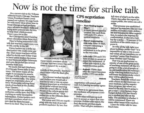 Contrary to the Alice in Wonderland version of history and reality pushed by the editorial board of the Chicago Tribune (above, the May 24, 2012 Tribune editorial), Chicago teachers have been aware for a year of the necessity of a strike. The first demand for a strike came when the newly appointed Board of Education lied and claimed it was facing a 