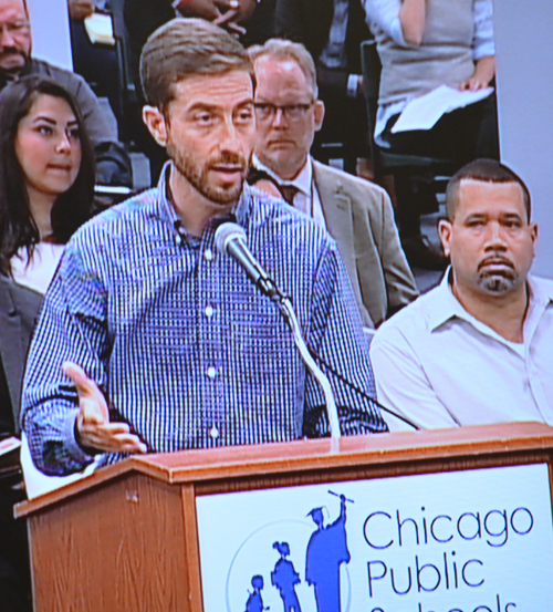 Chicago Teachers Union Staff Coordinator Jackson Potter tried to get the Board to agree to go to arbitration over the so-called 